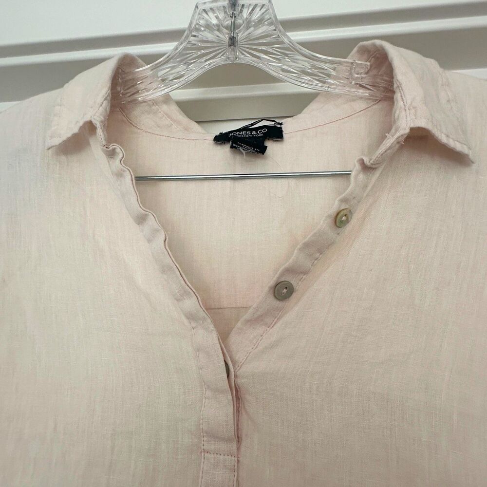 Jones & Co Jones New York Pink Half Button Down Roll Tab Sleeve Linen Tunic Top
